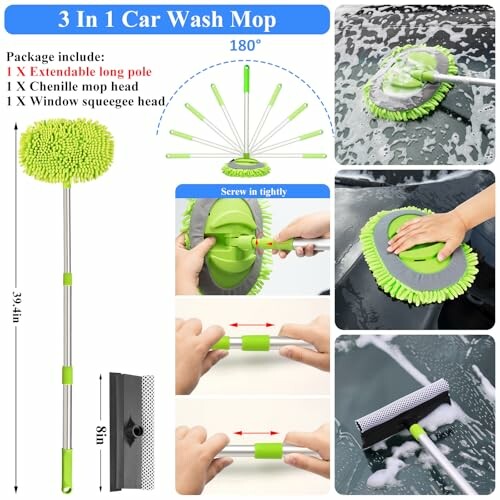 3 in 1 car wash mop with extendable pole, chenille mop head, and squeegee.