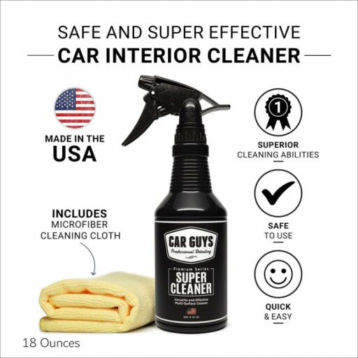 CAR GUYS Super Cleaner bottle with a microfiber cloth, demonstrating its effectiveness on a dirty surface.