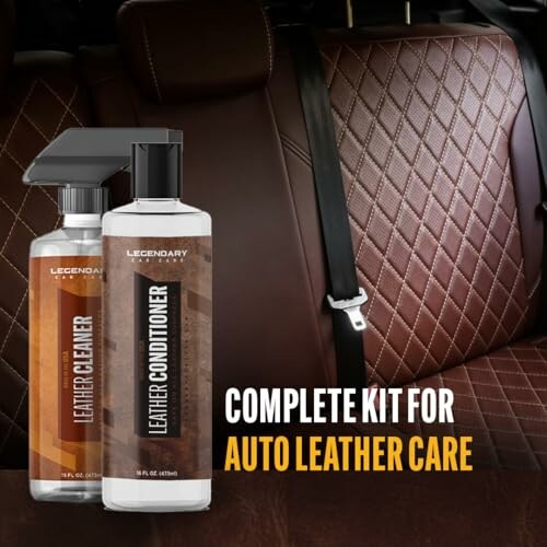 Car leather care kit with cleaner and conditioner bottles on leather seats.