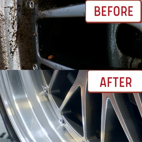 Side-by-side comparison of a car wheel before and after cleaning.
