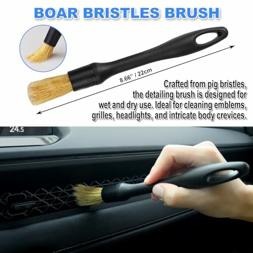 Boar bristles brush for detailed cleaning in car interiors.