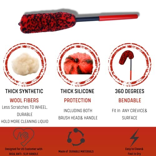 Car cleaning brush with thick synthetic wool fibers, silicone protection, and 360-degree bendable handle.