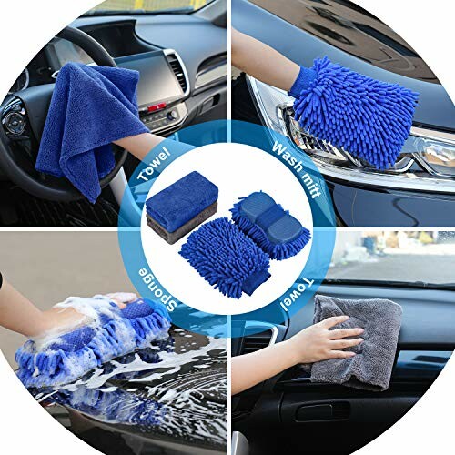 Car cleaning kit with towel, wash mitt, and sponge in use.