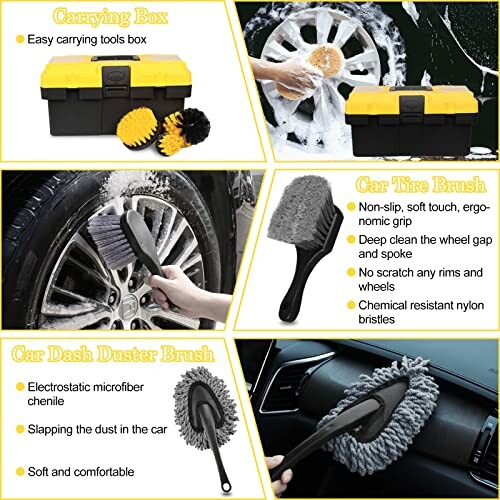 Car cleaning tool set including carrying box, tire brush, and dash duster brush.