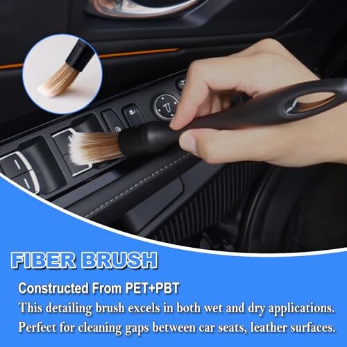 Person using a fiber brush to clean car interior buttons.
