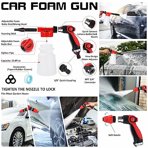 Car foam gun with adjustable settings for washing vehicles.