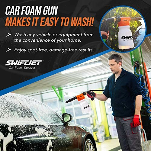 Person using a car foam gun to wash a vehicle, promoting easy and damage-free cleaning with SwiftJet.