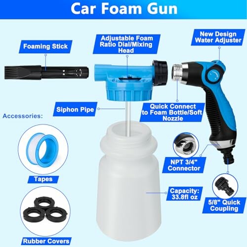 Car foam gun with adjustable foam ratio dial, new design water adjuster, and accessories including siphon pipe, tapes, and rubber covers.