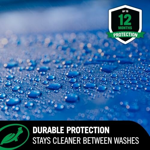 Close-up of water droplets on blue surface with durable protection text.