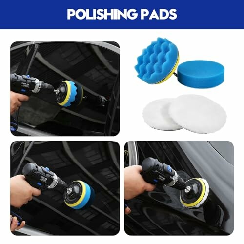 Various car polishing pads and drill attachment in use.