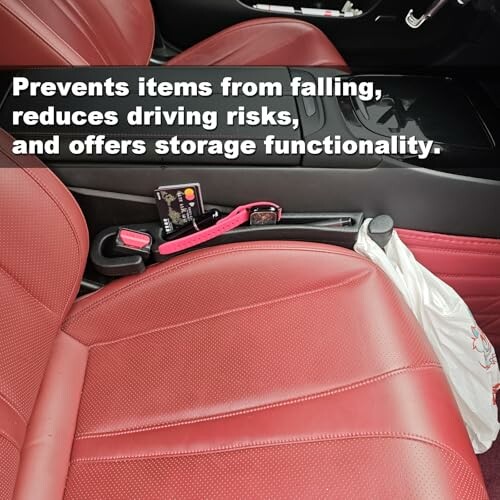 Car seat gap filler with storage preventing items from falling.