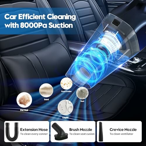 Car vacuum cleaner with 8000Pa suction, showing interior cleaning and attachments.