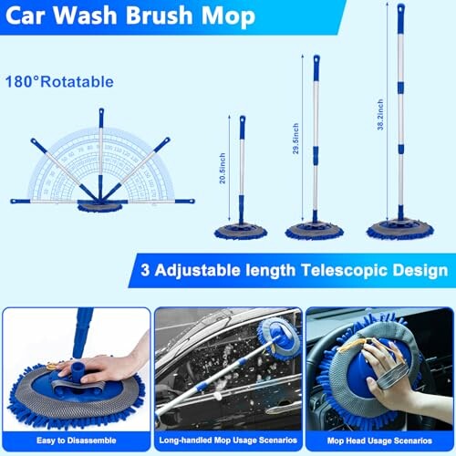 Car wash brush mop with 180-degree rotation and adjustable telescopic design.
