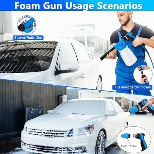 Person using a foam gun to wash a car with foam nozzle and garden hose compatibility.