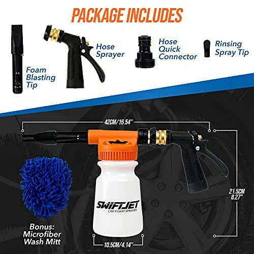 Car wash kit package contents and dimensions.