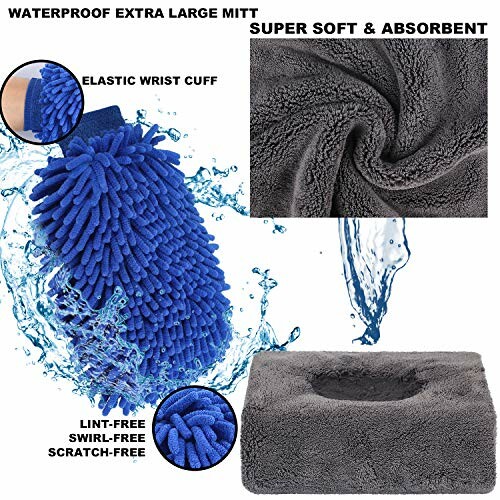 Car wash mitt and towel set with waterproof mitt, elastic wrist cuff, and soft absorbent fabric.