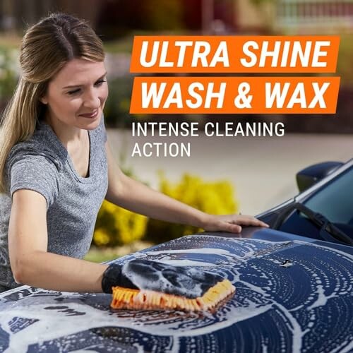 Person washing car with Ultra Shine Wash & Wax.