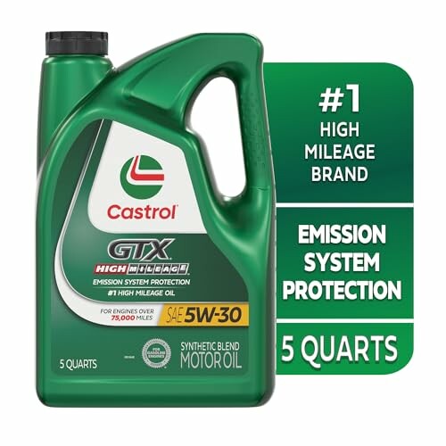 Castrol GTX High Mileage 5W-30 motor oil container with label details