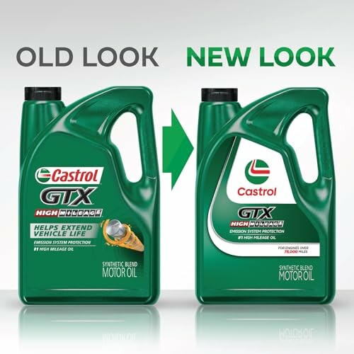 Comparison of old and new Castrol GTX motor oil packaging.