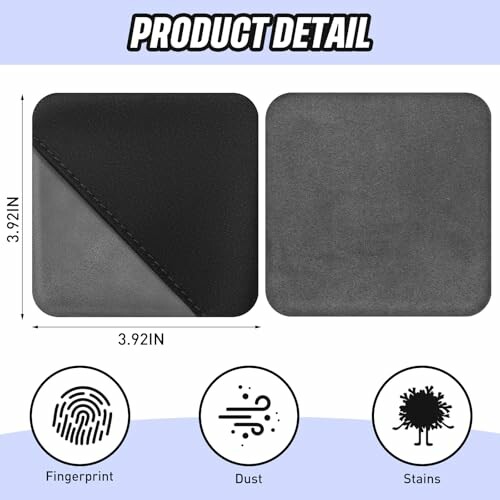 Product detail image showing a microfiber cleaning cloth with dimensions 3.92 inches by 3.92 inches, highlighting features against fingerprints, dust, and stains.