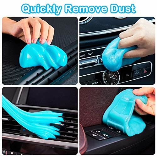 Cleaning gel being used to remove dust from car interior surfaces.