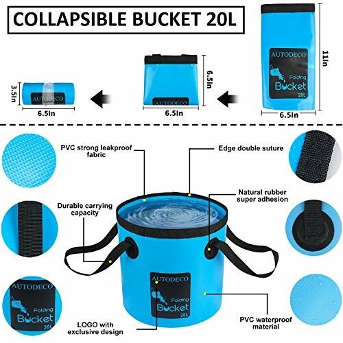 Collapsible 20L bucket with features and measurements.