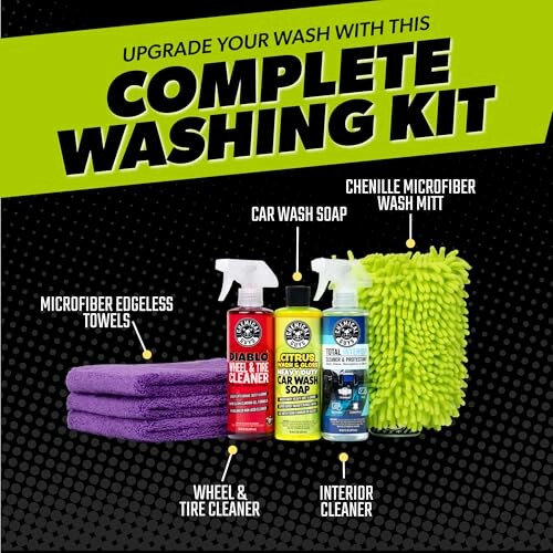 Complete washing kit with car wash soap, wheel cleaner, interior cleaner, towels, and wash mitt.