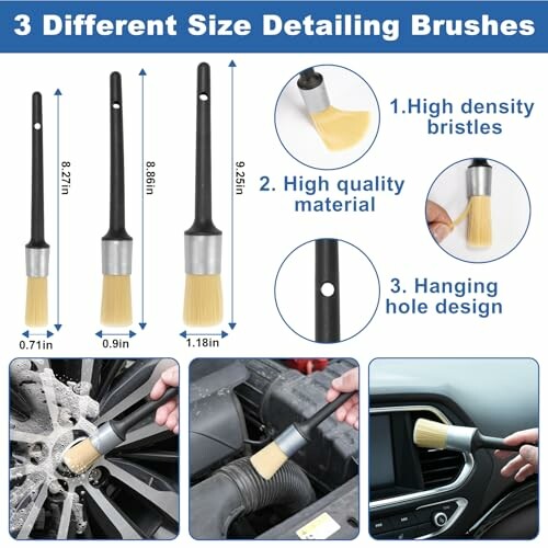 Three different size detailing brushes with high density bristles and hanging hole design.