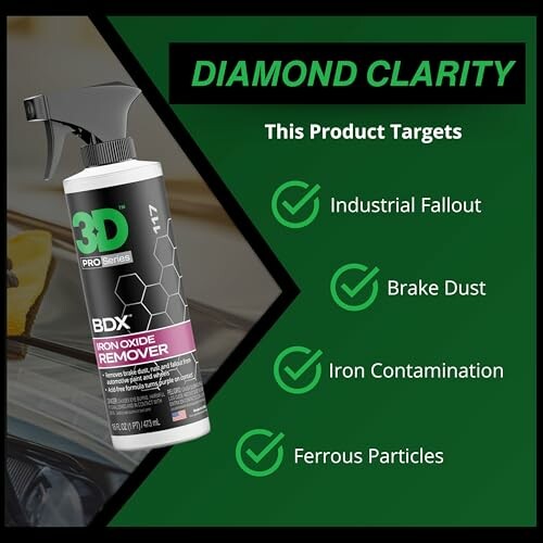 Diamond Clarity iron oxide remover with checklist of targeted contaminants.