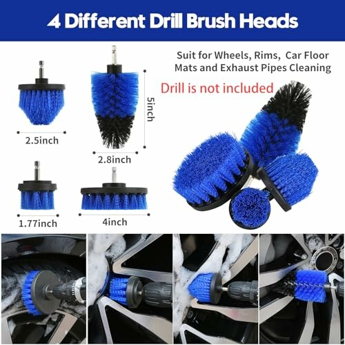 Set of four different blue drill brush heads for cleaning.
