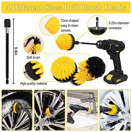 Set of four different sizes of drill brush heads with a drill for cleaning.