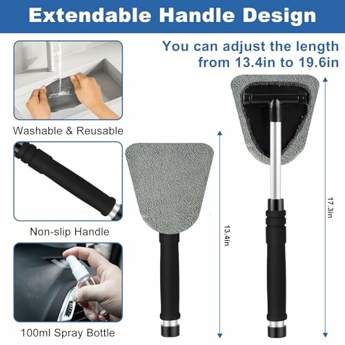 Extendable handle cleaning tool with washable pad and spray bottle.