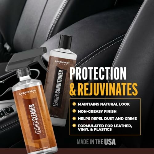 Leather cleaner and conditioner bottles on a leather car seat.