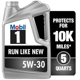 Mobil 1 5W-30 motor oil container with 10K miles protection label.