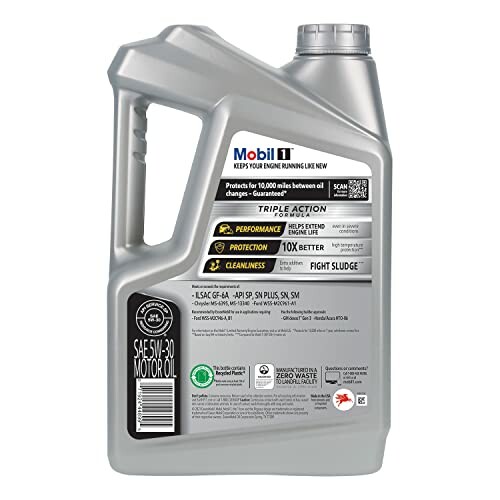 Mobil 1 5W-30 motor oil container with performance and protection details.