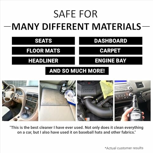 Image showing CAR GUYS Super Cleaner in action on various surfaces with testimonial.