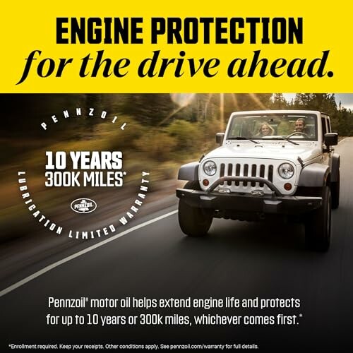 Pennzoil ad promoting engine protection with a Jeep on a road.
