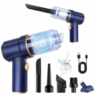 Portable vacuum cleaner with attachments and USB cable.