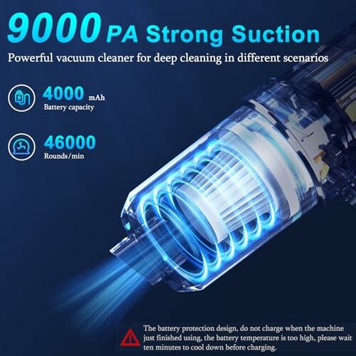 Vacuum cleaner with 9000 PA suction, 4000 mAh battery, 46000 RPM.