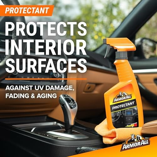 Armor All Protectant for interior surfaces against UV damage, fading, and aging in a car.
