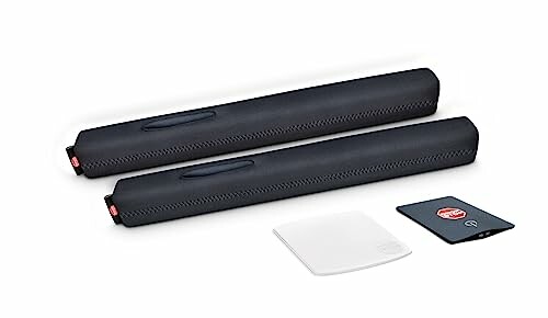 Two black soundbars with accessories including a remote and a user manual.