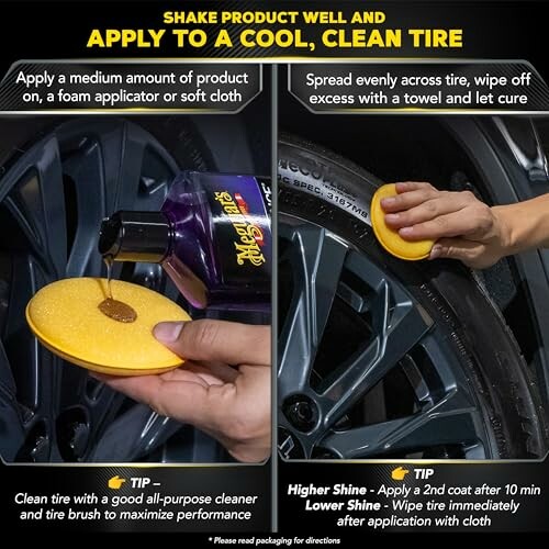 Instructions for applying tire cleaner with images showing the process of applying and spreading the product on a tire.