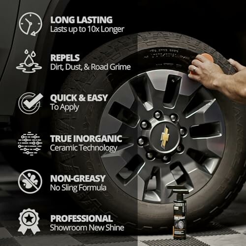 Tire cleaning product with benefits listed: long-lasting, repels dirt, easy application, inorganic ceramic technology, non-greasy, professional shine.