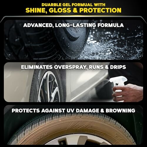 Tire gel features: long-lasting formula, eliminates overspray, protects against UV damage.