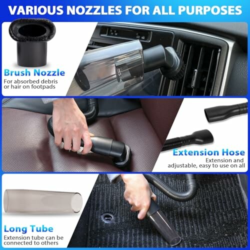 Various vacuum nozzles for different purposes including brush nozzle, extension hose, and long tube.