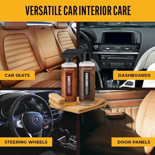 Car interior care products for seats, dashboards, steering wheels, and door panels.