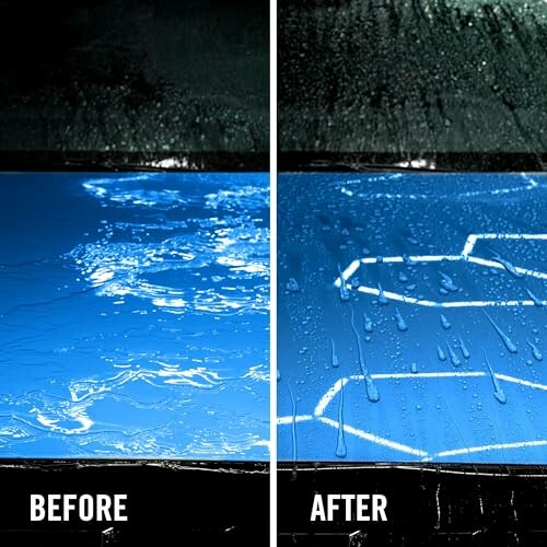 Comparison of a windshield before and after treatment, showing improved water resistance.