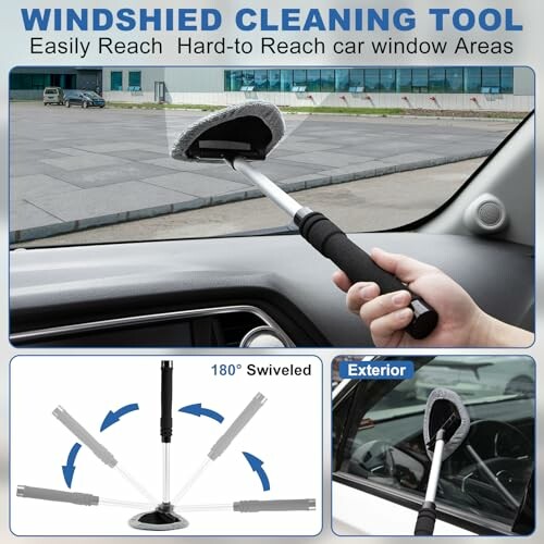Windshield cleaning tool with swivel head and ergonomic handle for hard-to-reach car windows.